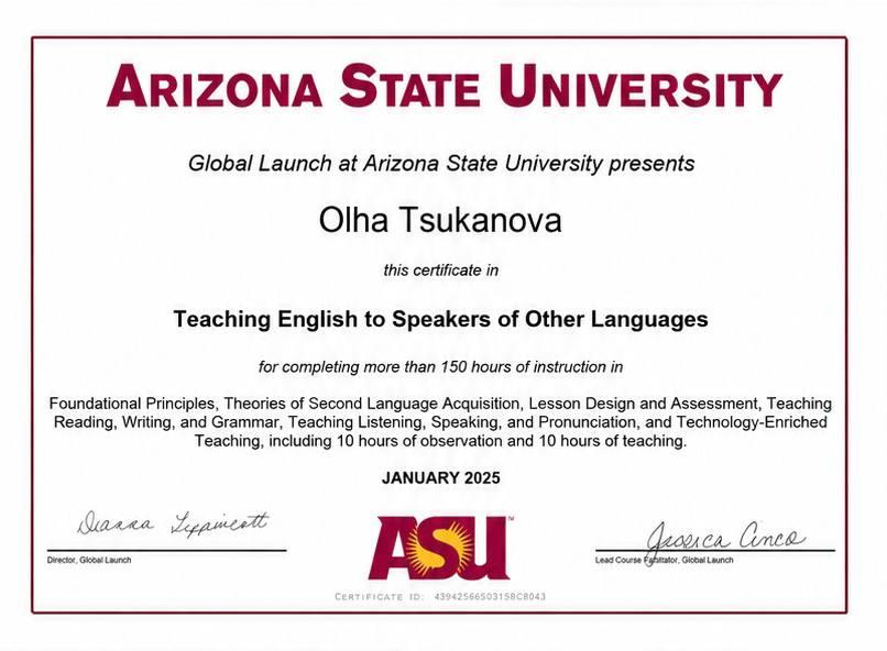 Сертифікат TESOL, виданий Ользі Цукановій у Global Launch при Arizona State University, січень 2025